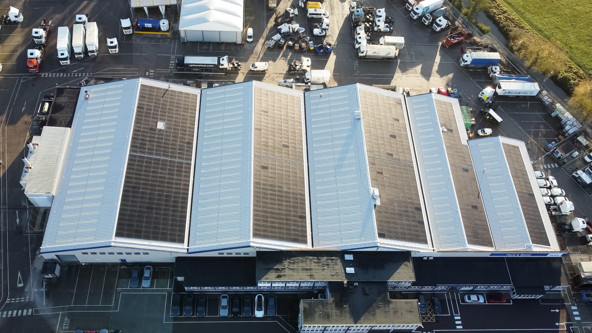 Drone shot of the solar installation project done in Leicestershire in partnership with Ample Power.